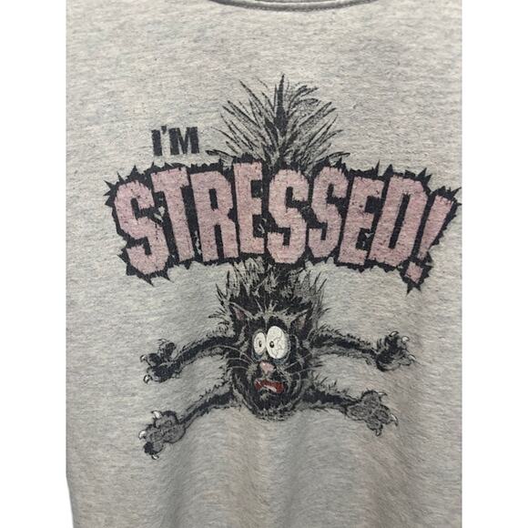 Vintage Crewneck Cartoon Cat Stressed Out Sweatshirt Gray Pink Medium 80s 90s - Picture 2 of 7